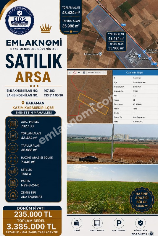 Karaman Eminettin Mahallesi Satılık Tarla
